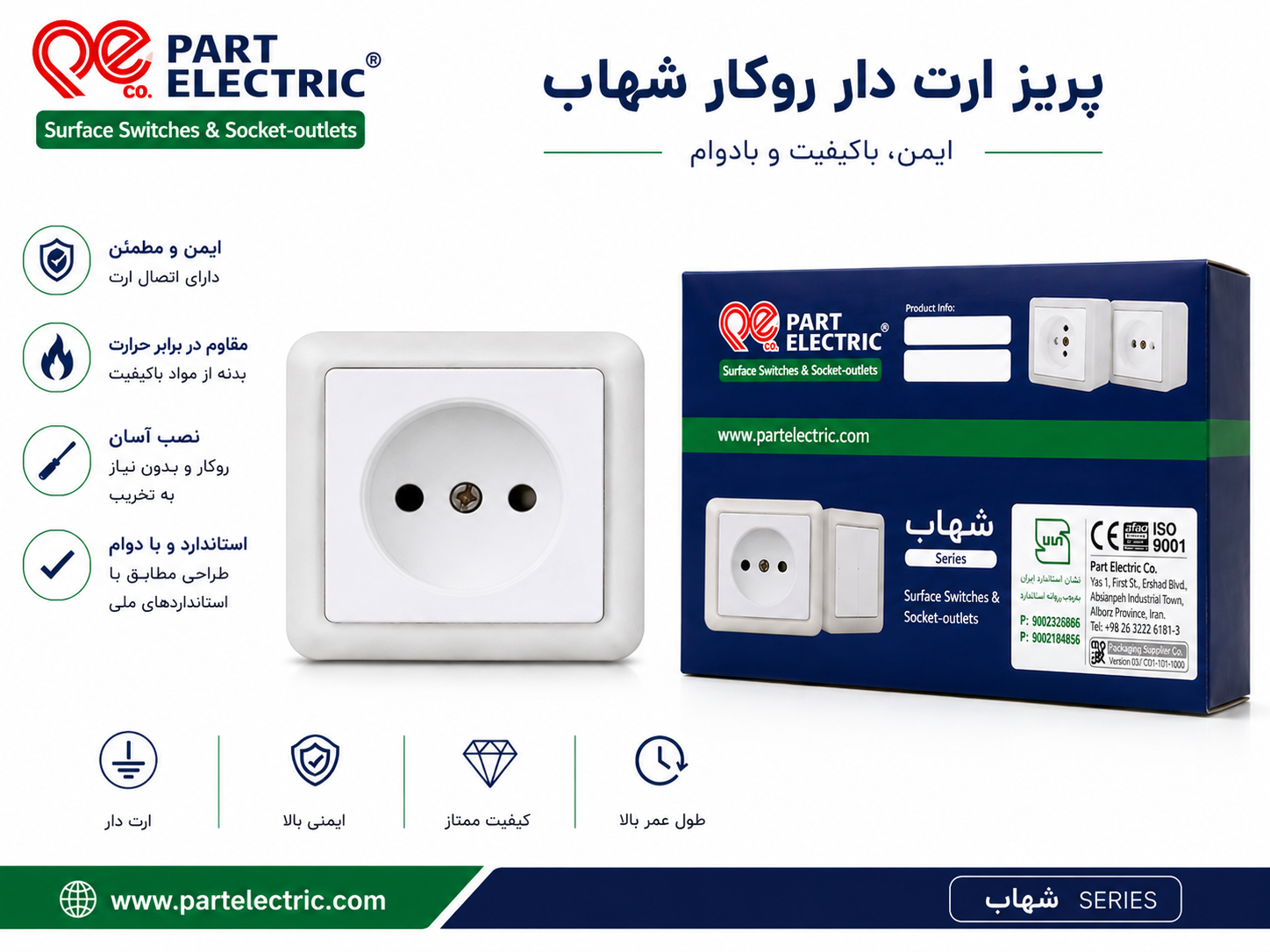 پریز ارت روکار پارت الکتریک سری شهاب سفید