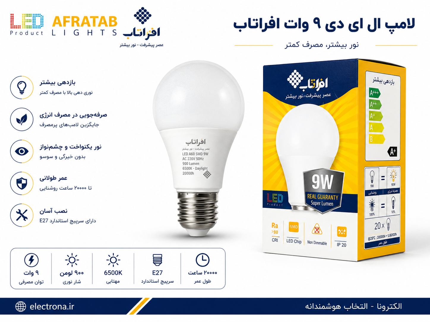 لامپ LED افراتاب ۹ وات مهتابی سرپیچ E27